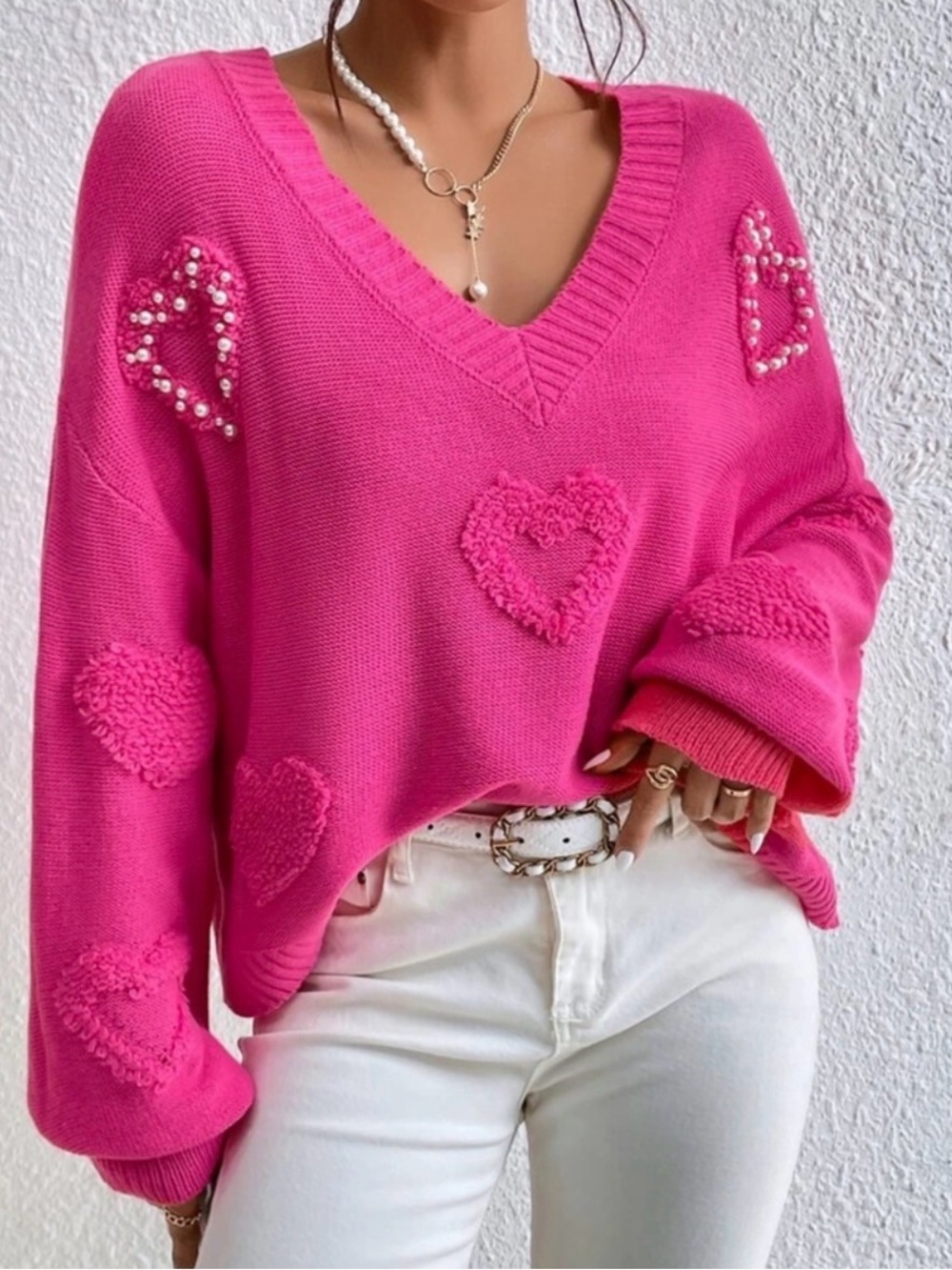 07 Cozy Heart V neck Vday oversized Sweater Top - Picture 8 of 8